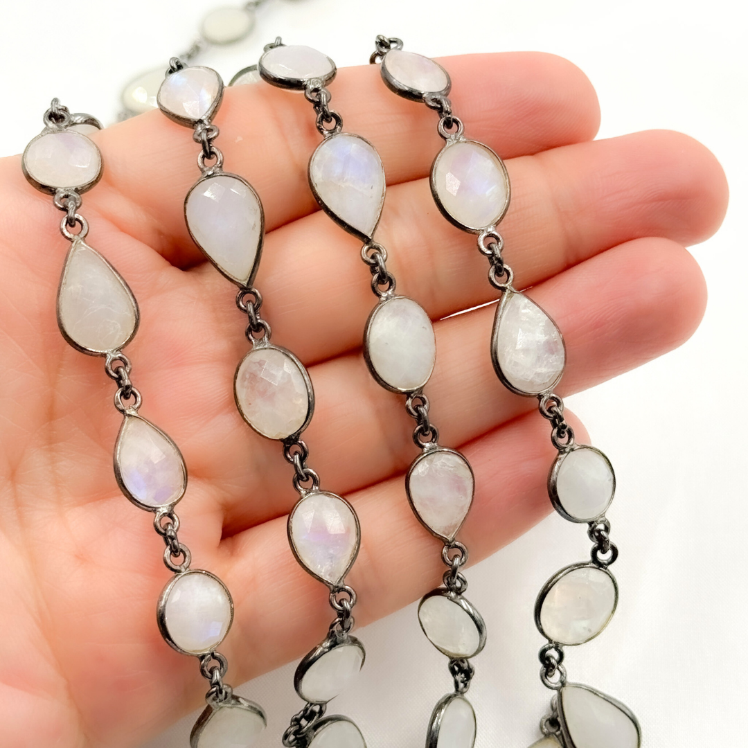 White Moonstone Oval & Pear Shape Bezel Oxidized Wire Chain. WMS36