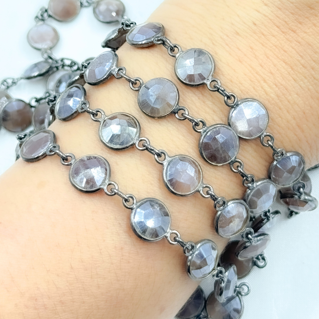 Coated Chocolate Moonstone Round Shape Bezel Oxidized Wire Chain. CMS13