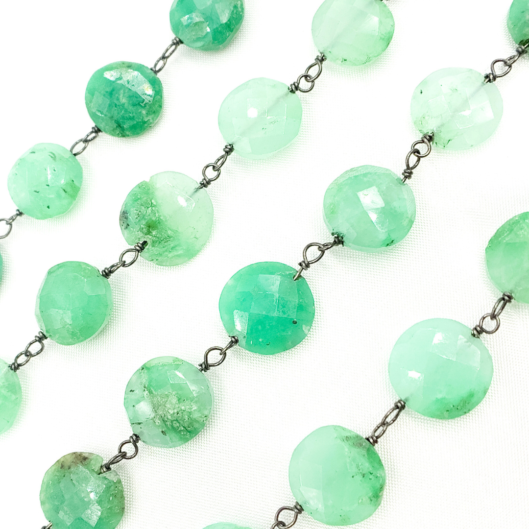 Chrysoprase Coin Shape Oxidized Wire Chain. CHR21