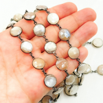 Load image into Gallery viewer, Coated White Moonstone Round Shape Bezel Oxidized Wire Chain. CMS15
