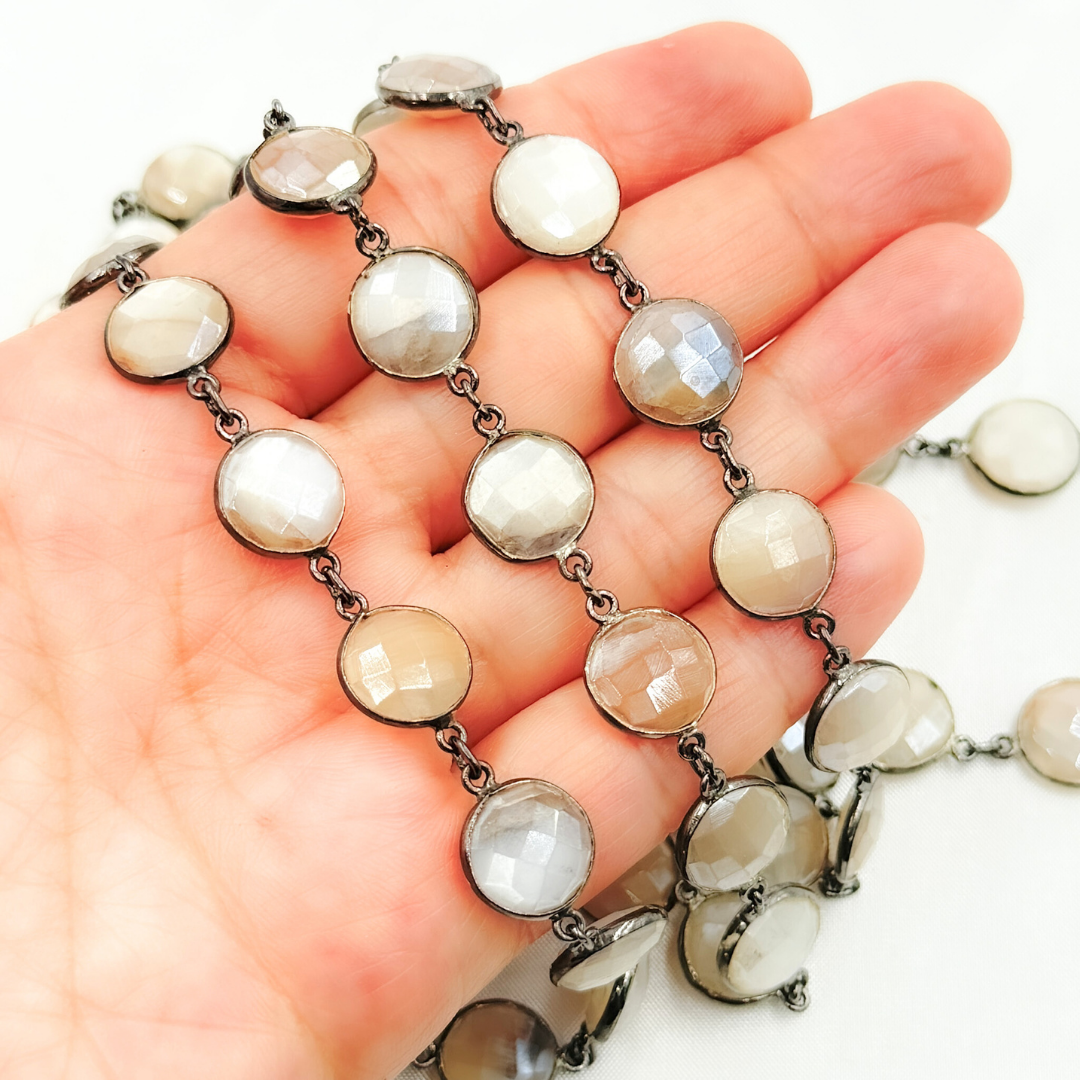 Coated White Moonstone Round Shape Bezel Oxidized Wire Chain. CMS15