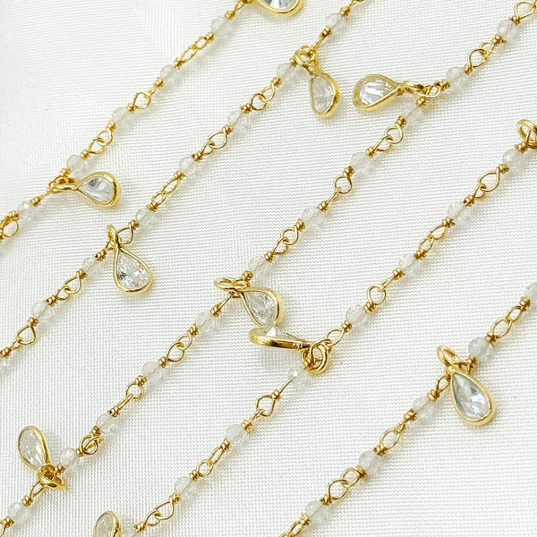 White Topaz & CZ Dangle Gold Plated Wire Chain.