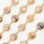 Load image into Gallery viewer, Coated Peach Moonstone Round Shape Bezel Gold Plated Wire Chain. CMS5
