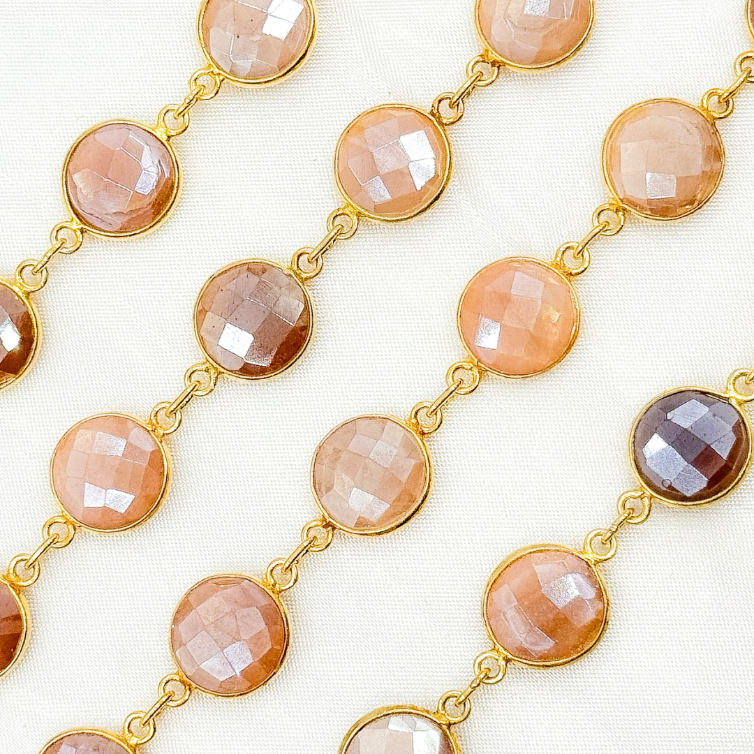 Coated Peach Moonstone Round Shape Bezel Gold Plated Wire Chain. CMS5