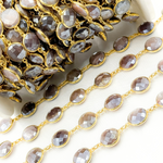 Load image into Gallery viewer, Coated Chocolate Moonstone Round Shape Bezel Gold Plated Wire Chain. CMS25
