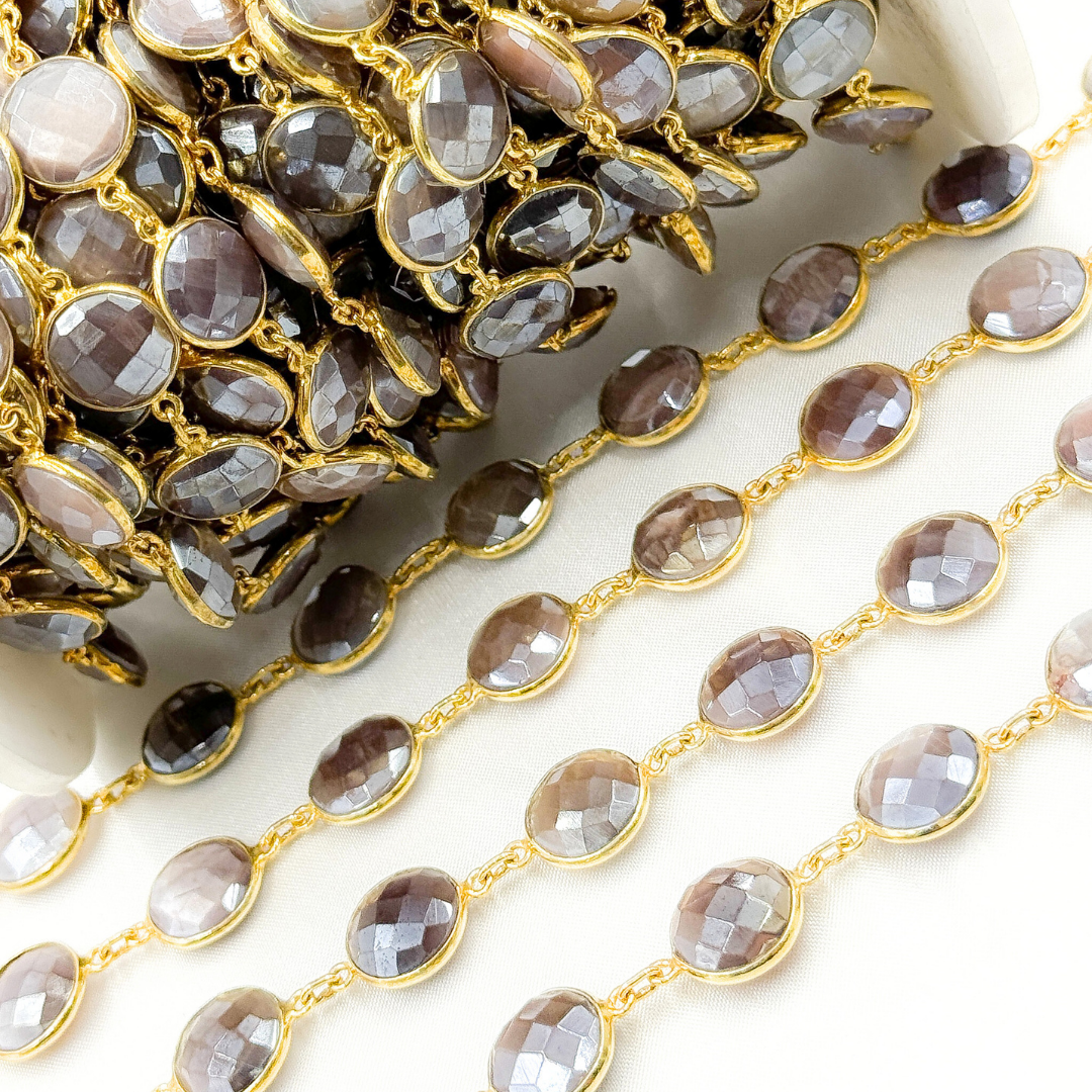 Coated Chocolate Moonstone Round Shape Bezel Gold Plated Wire Chain. CMS25