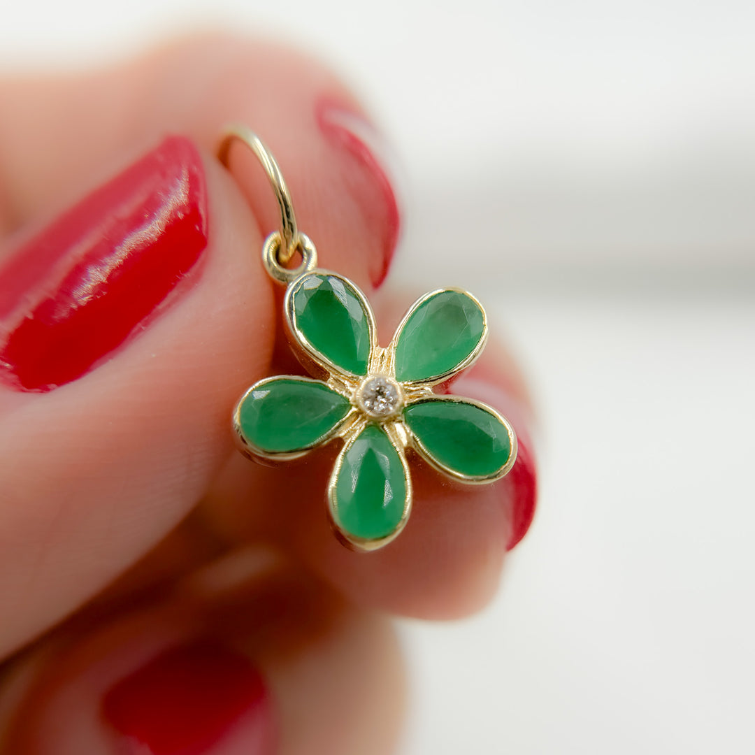 14k Solid Gold Diamond and Emerald Flower Charm. GDP568