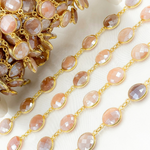 Load image into Gallery viewer, Coated Peach Moonstone Round Shape Bezel Gold Plated Wire Chain. CMS5
