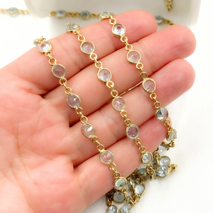 Sky Blue Topaz Round Shape Bezel Gold Plated Wire Chain. BT2