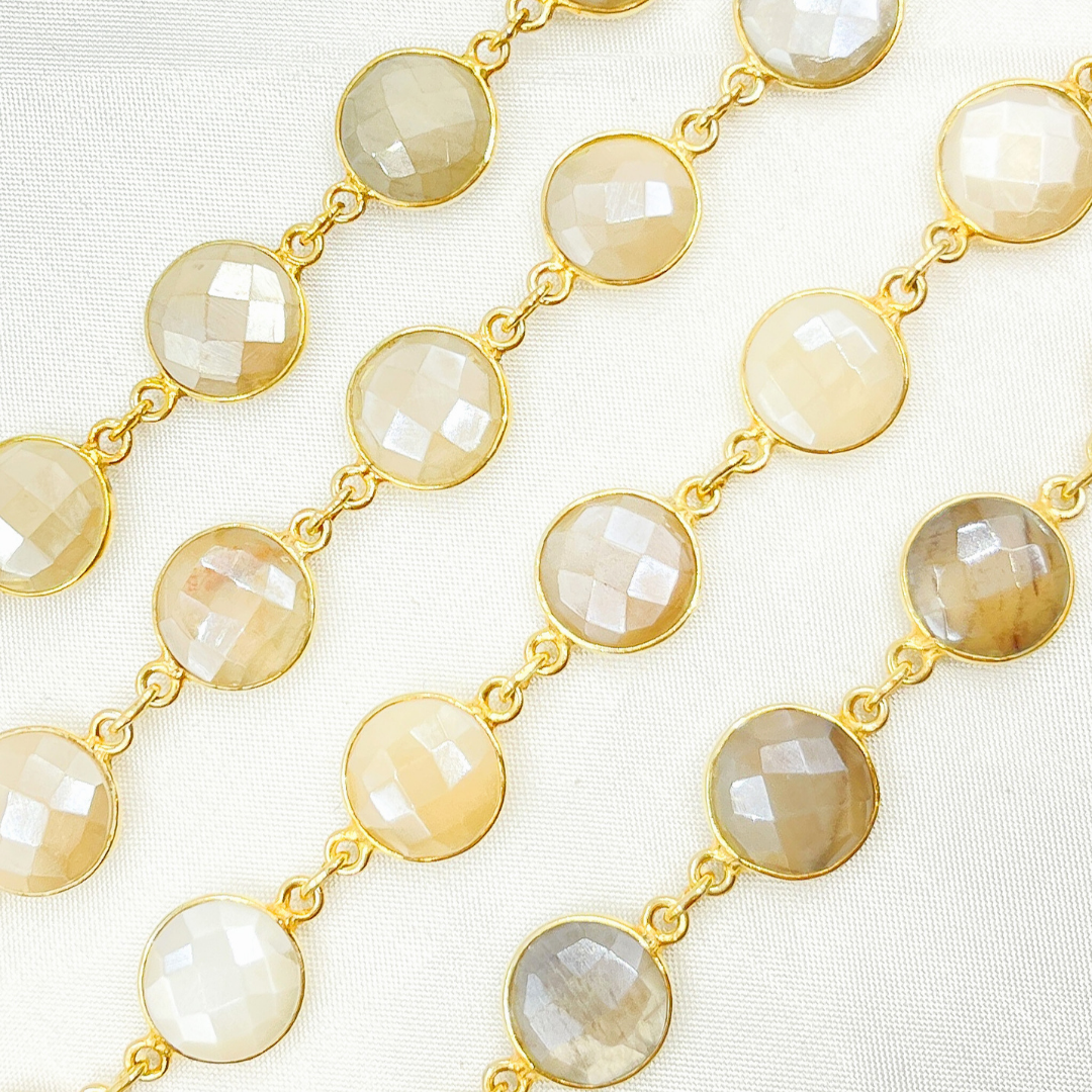 Coated White Moonstone Round Shape Bezel Gold Plated Silver Wire Chain. CMS18