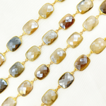 Load image into Gallery viewer, Coated Grey Moonstone Rectangular Shape Bezel Gold Plated Silver Wire Chain. CMS27
