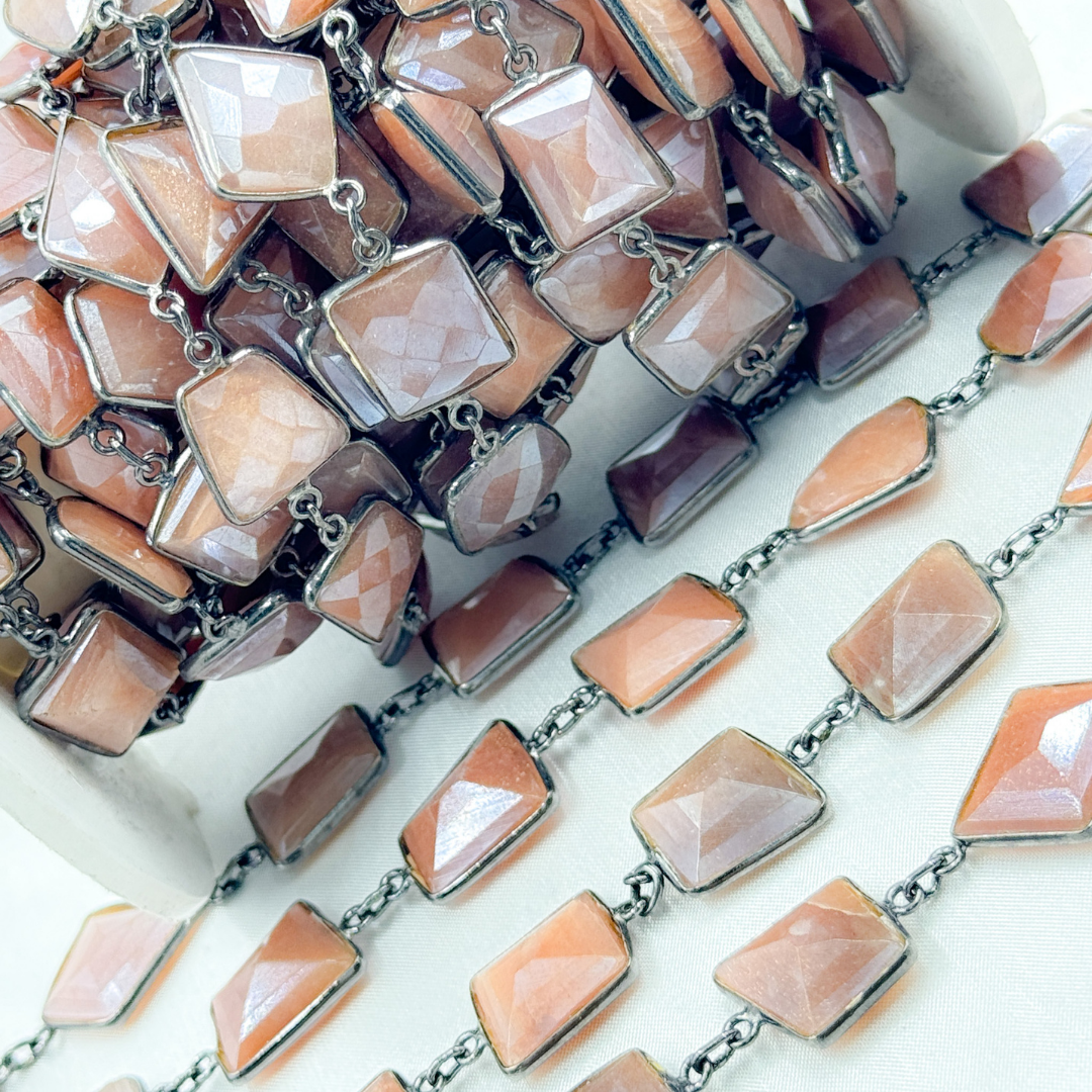 Coated Peach Moonstone Mix Shape Bezel Oxidized Wire Chain. CMS12