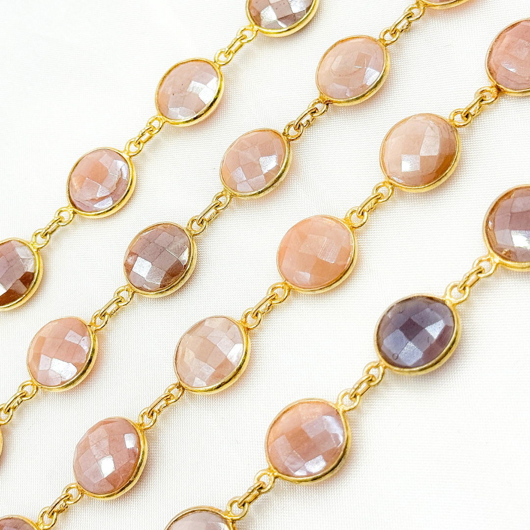 Coated Peach Moonstone Round Shape Bezel Gold Plated Wire Chain. CMS5