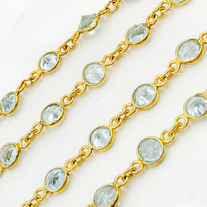 Sky Blue Topaz Round Shape Bezel Gold Plated Wire Chain. BT2