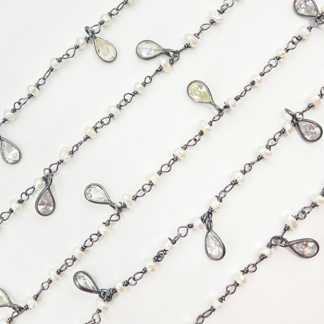 Pearl & CZ Dangle Oxidized Wire Chain. PRL10