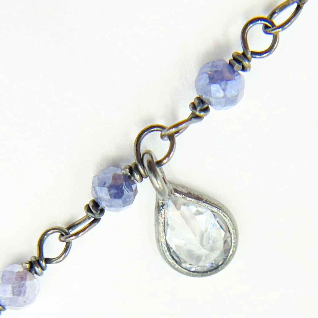 Coated Blue Moonstone & CZ Dangle Oxidized Wire Chain. CMS37